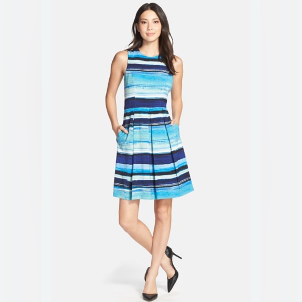 Marc New York Andrew Marc Blue Striped Sleeveless Midi Fit Flare Pleated Dress 6